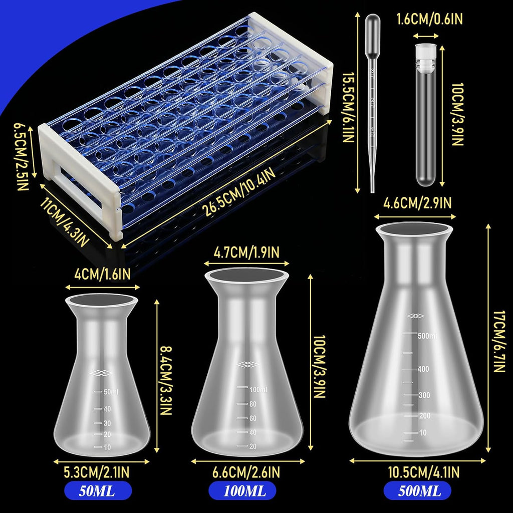 40 Pcs Plastic Test Tubes with Rack Plastic Beakers Lab Party DIY | 5 Graduated Cylinders, 6 Beakers, 3 Flasks, 10