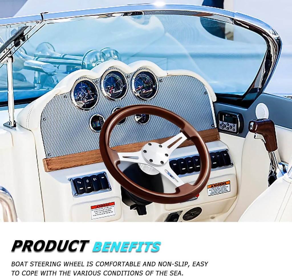 13.8" Boat Steering Wheel with 3/4" Tapered Shaft, 6 bolts Wood Grain Classic Nostalgia Boat Steering Wheel for Seastar and Verad, for Marine Boats, Yacht,Vessels,Pontoon Marine-Mirrored-silver