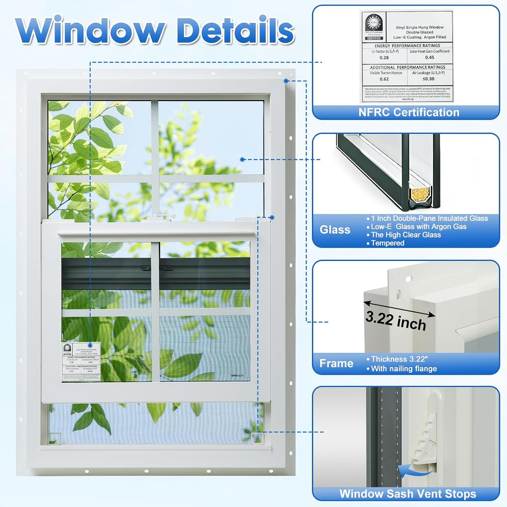 24" x 36" Vinyl Single Hung Window,3.22" Thickness (with Grild)