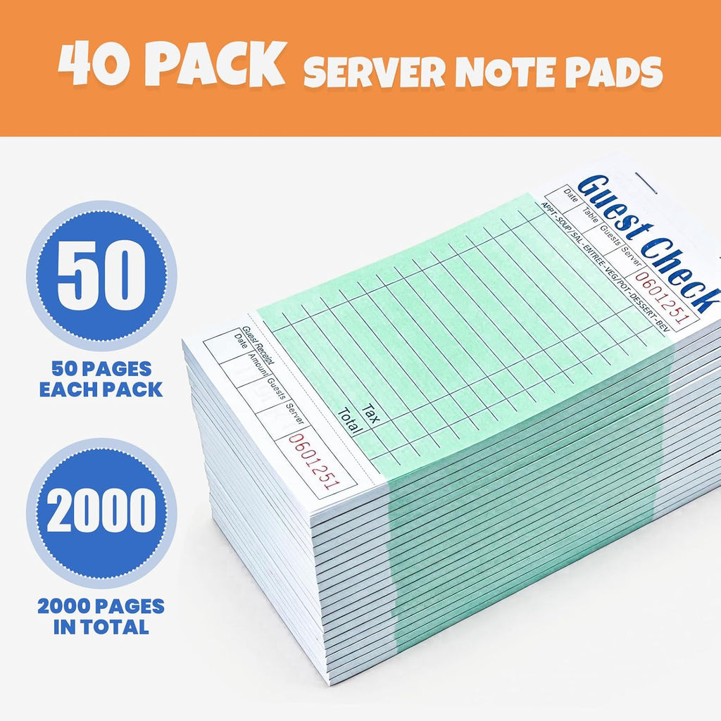 40 Pack Guest Check Pads, 2000 Orders Server Note Pads, Server Book