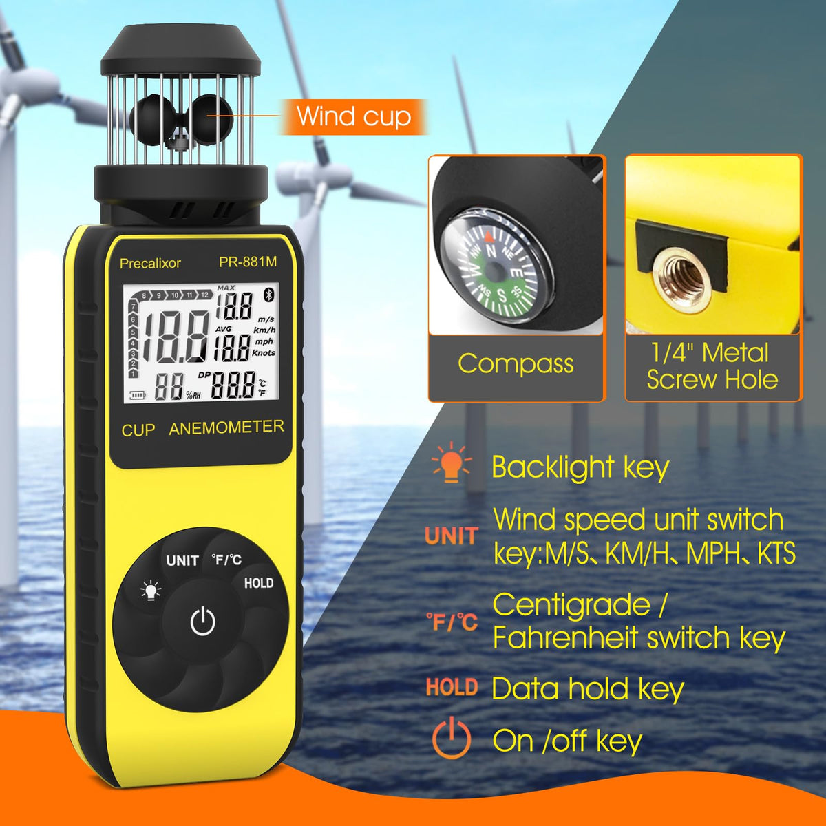 93Mph Wind Cup Anemometer HVAC Handheld Wind Speed Meter Air Flow Meter