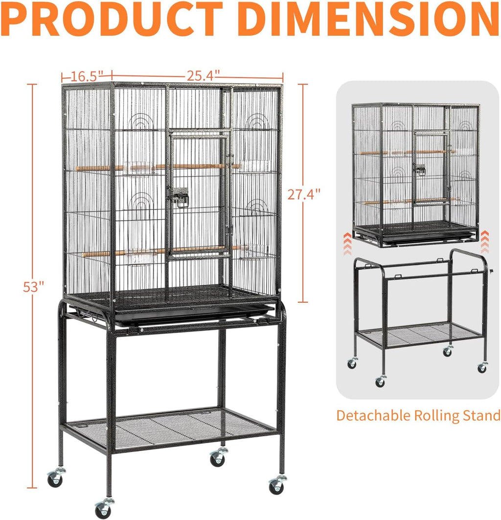 53-inch Bird Cage with Wheels, Durable Wrought Iron Parakeet Cage with Slide Out Tray, Black Bird Cages for