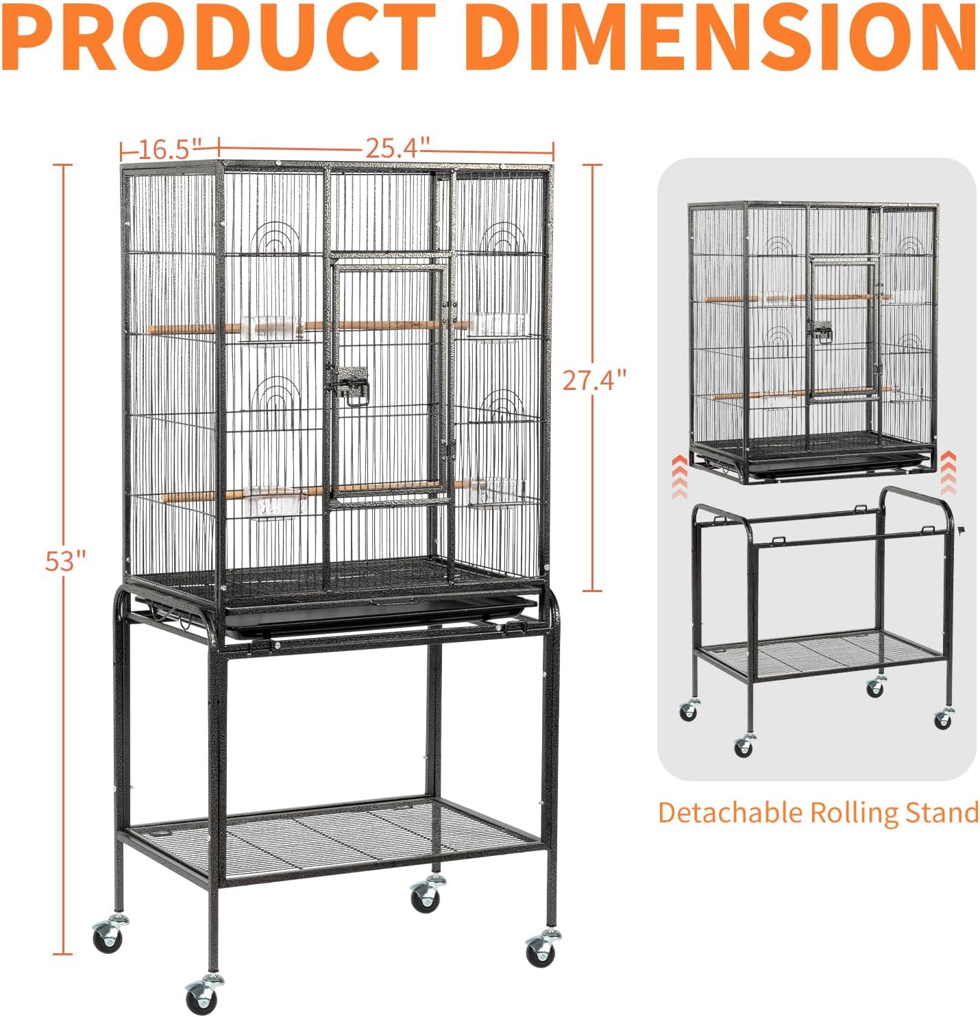 53-inch Bird Cage with Wheels, Durable Wrought Iron Parakeet Cage with Slide Out Tray, Black Bird Cages for