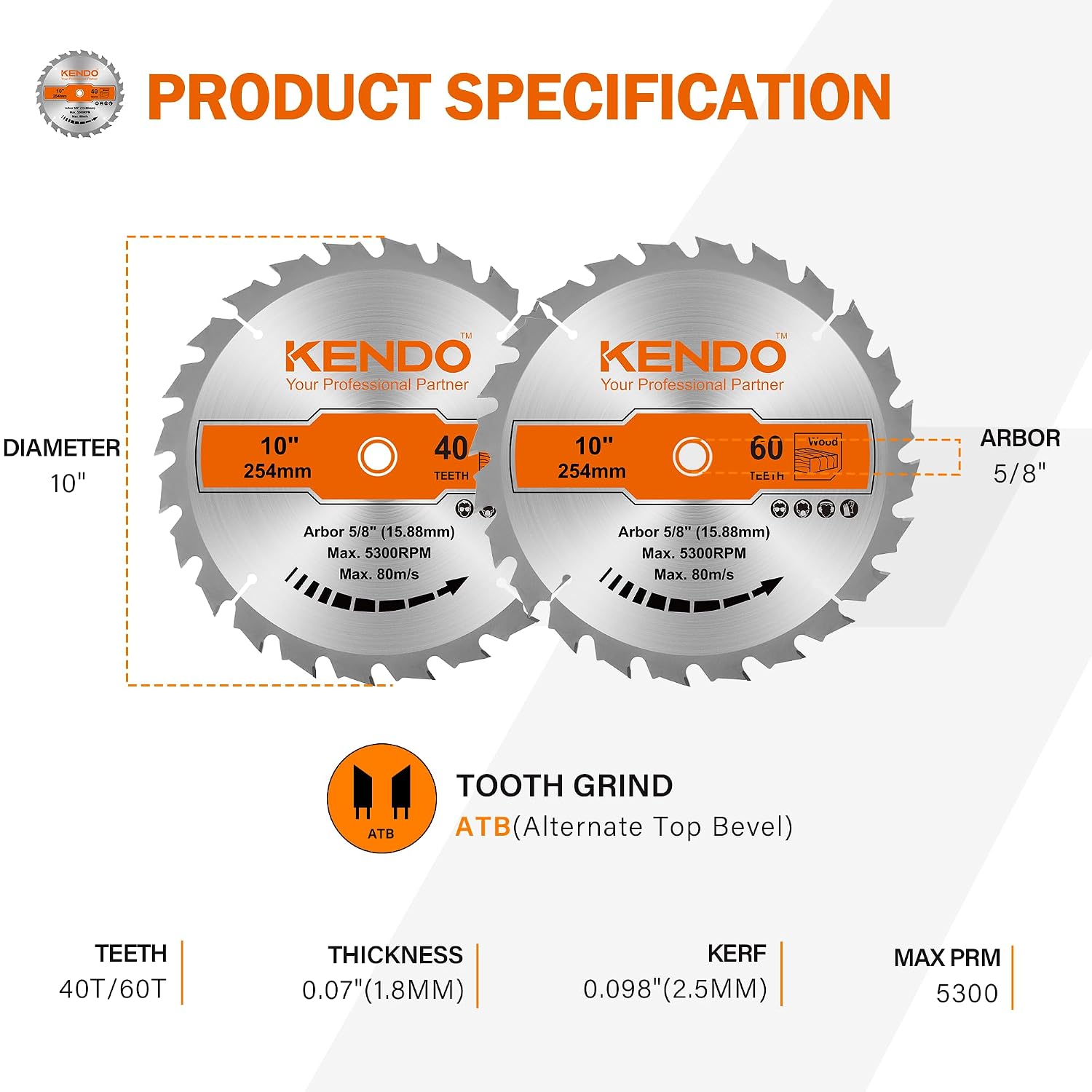 10 Inch Circular Saw Blade Set, 2-Pack 40T 60T, 5/8 Arbor | Two 10 inch ATB blades for table and miter saws: 40T for