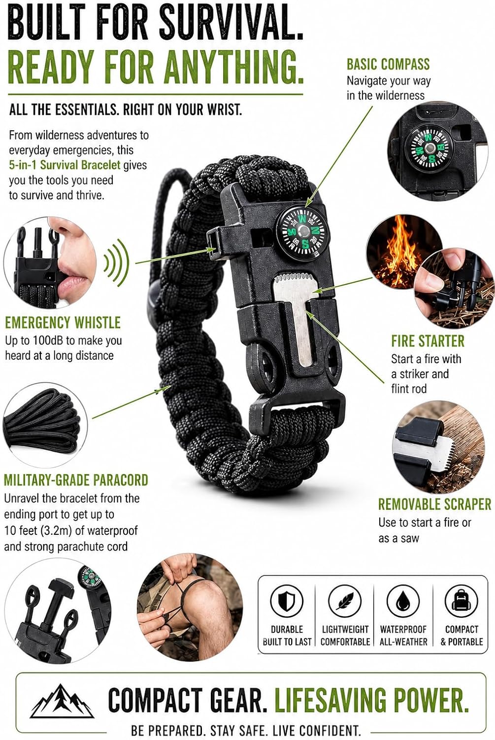Paracord Survival Bracelet With Compass, Fire Starter, Whistle, Removeable Striker - 10 Feet Of Paracord - Nylon and