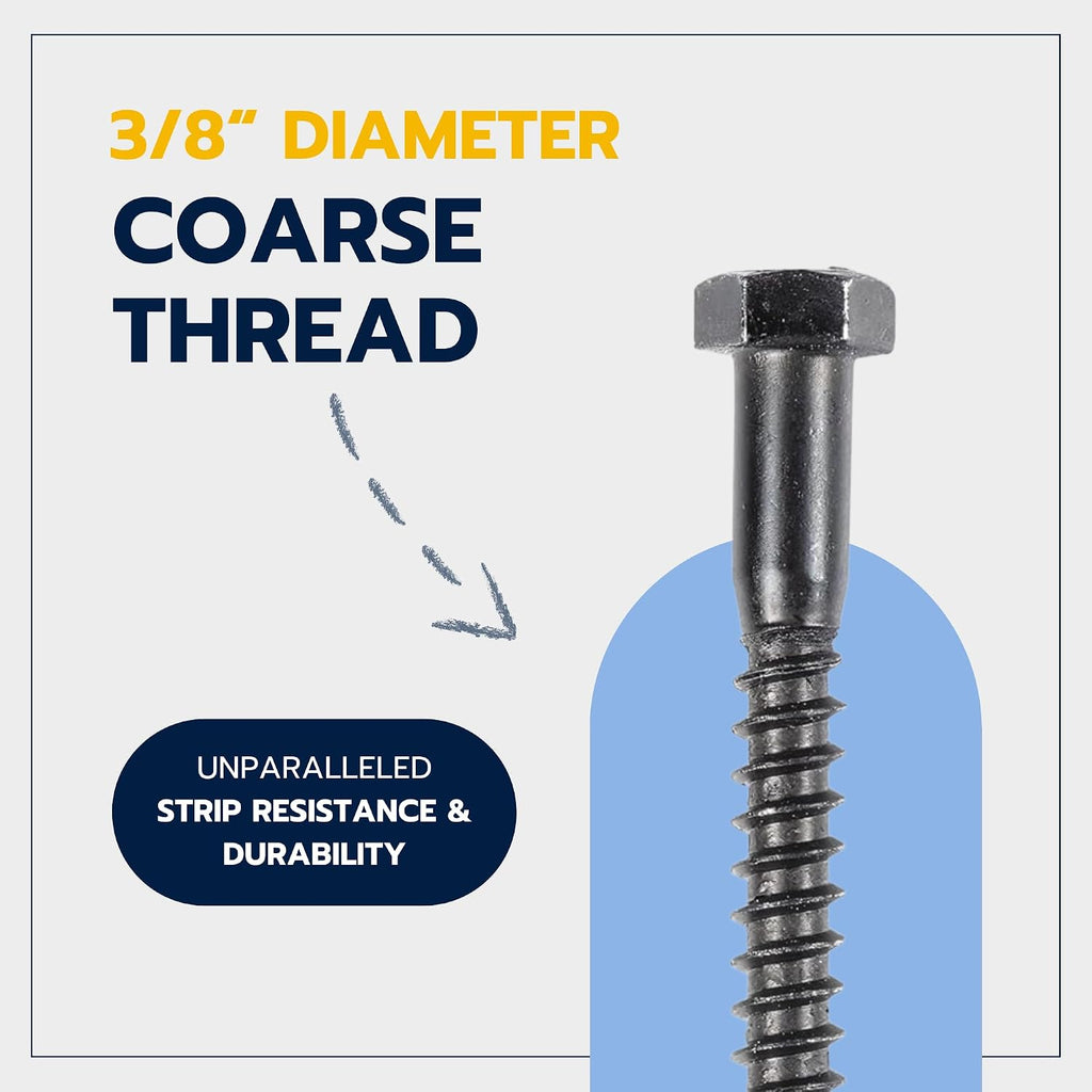 3/8 x 2-1/2 (50 Pack) Lag Screw Kit, 50 Screws and 50 Washers, Ceramic Black Ruspert Coating for Exterior Use, Meets
