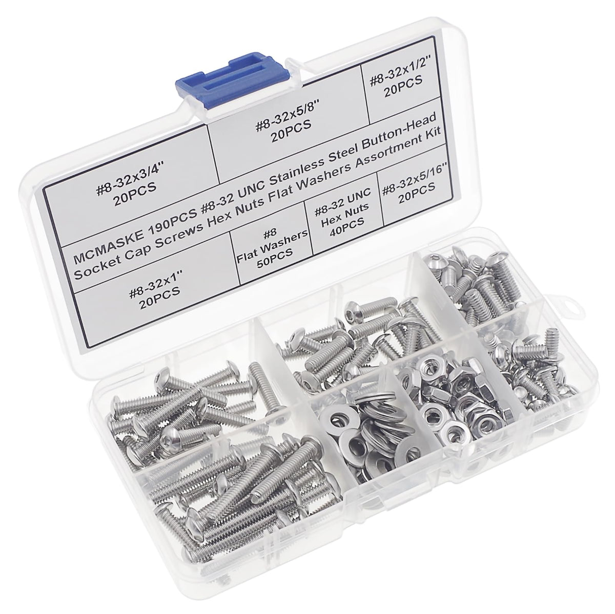MCMASKE #8-32 UNC Stainless Steel Button-Head Socket Cap Screws Hex Nuts Flat Washers Assortment Kit