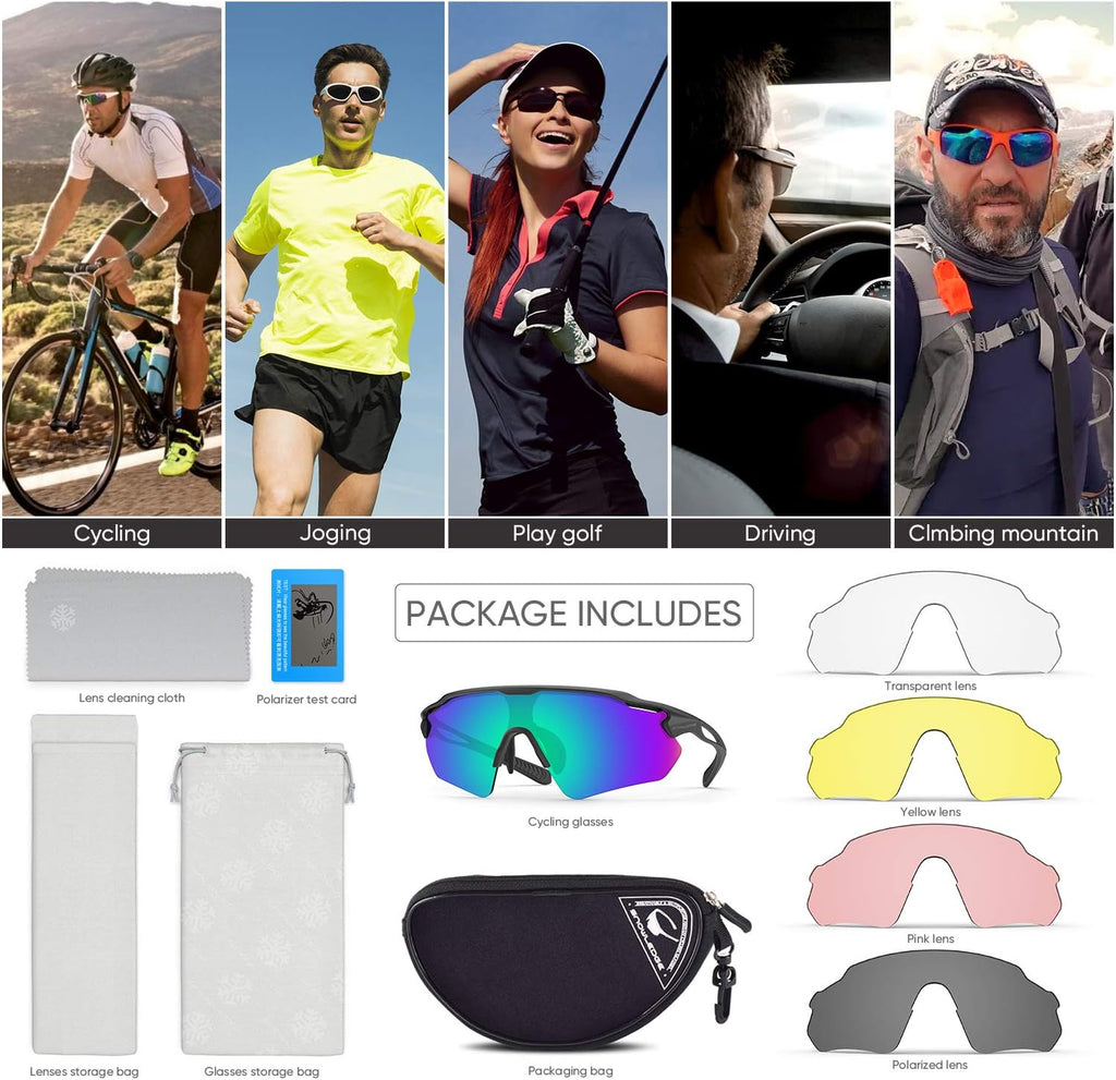 Cycling Glasses with 5 Interchangeable Lenses, Sunglasses for Pickleball Beach Volleyball Running Men Women