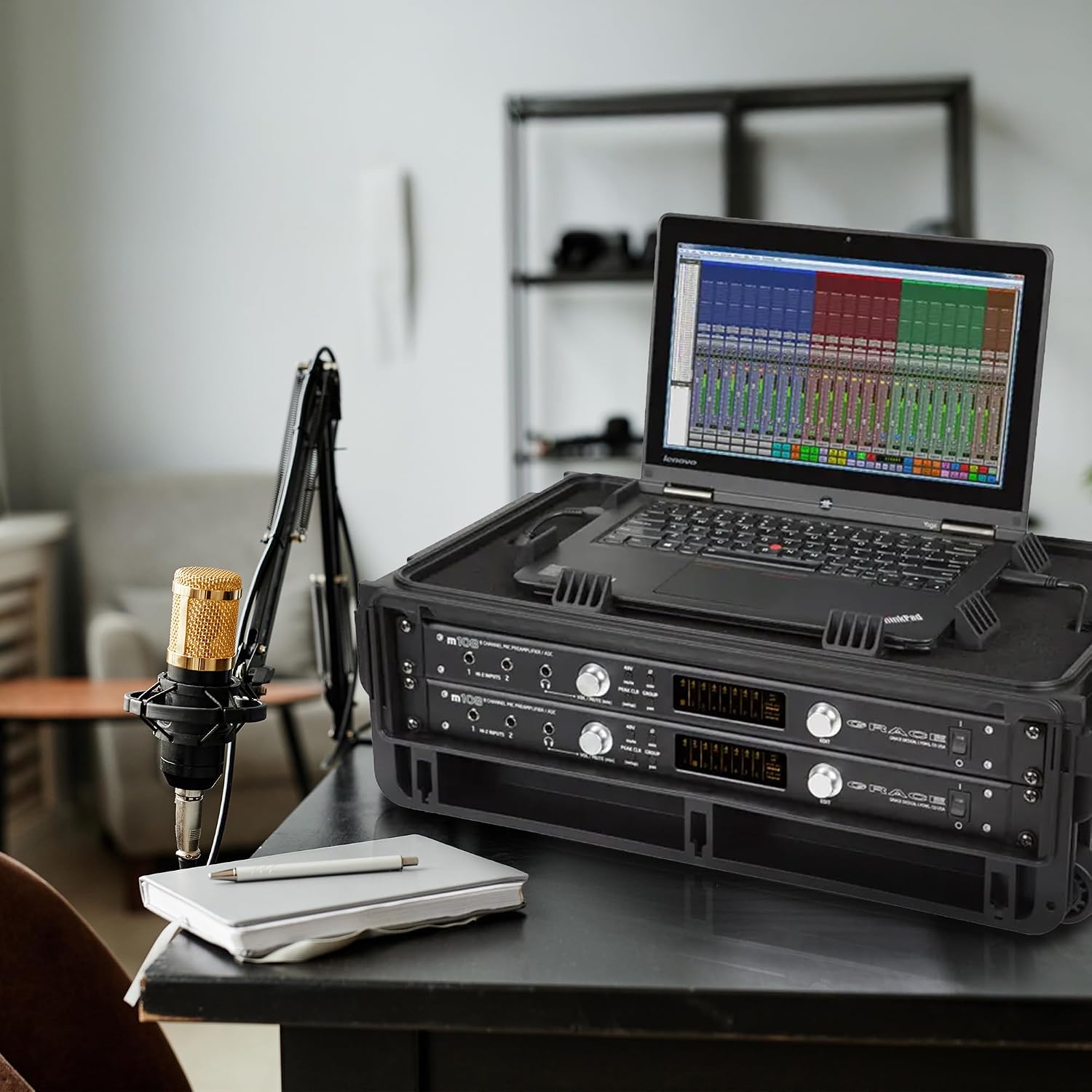 Studio Flyer Rack Case - 2U Waterproof Carry-on with Laptop Surface, Molded Rack Rails, Rubber Cleats and Quiet