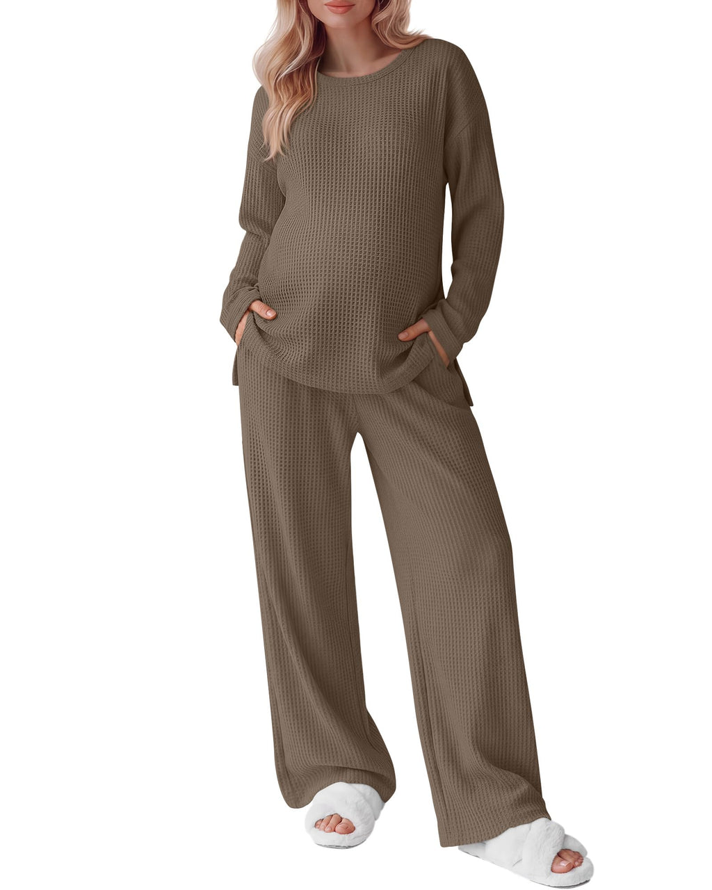Women's Maternity 2 Piece Waffle Outfits Lounge Set Coffee M