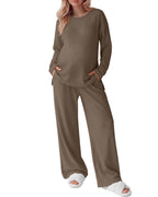 Women's Maternity 2 Piece Waffle Outfits Lounge Set Coffee M
