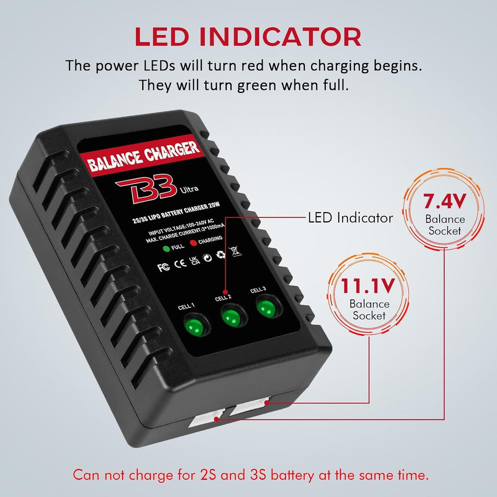 2S-3S LiPo Battery Charger, RC Balance Charger AC 7.4-11.1V Upgrade Version Compact RC Car Charger for XHR Plug Battery