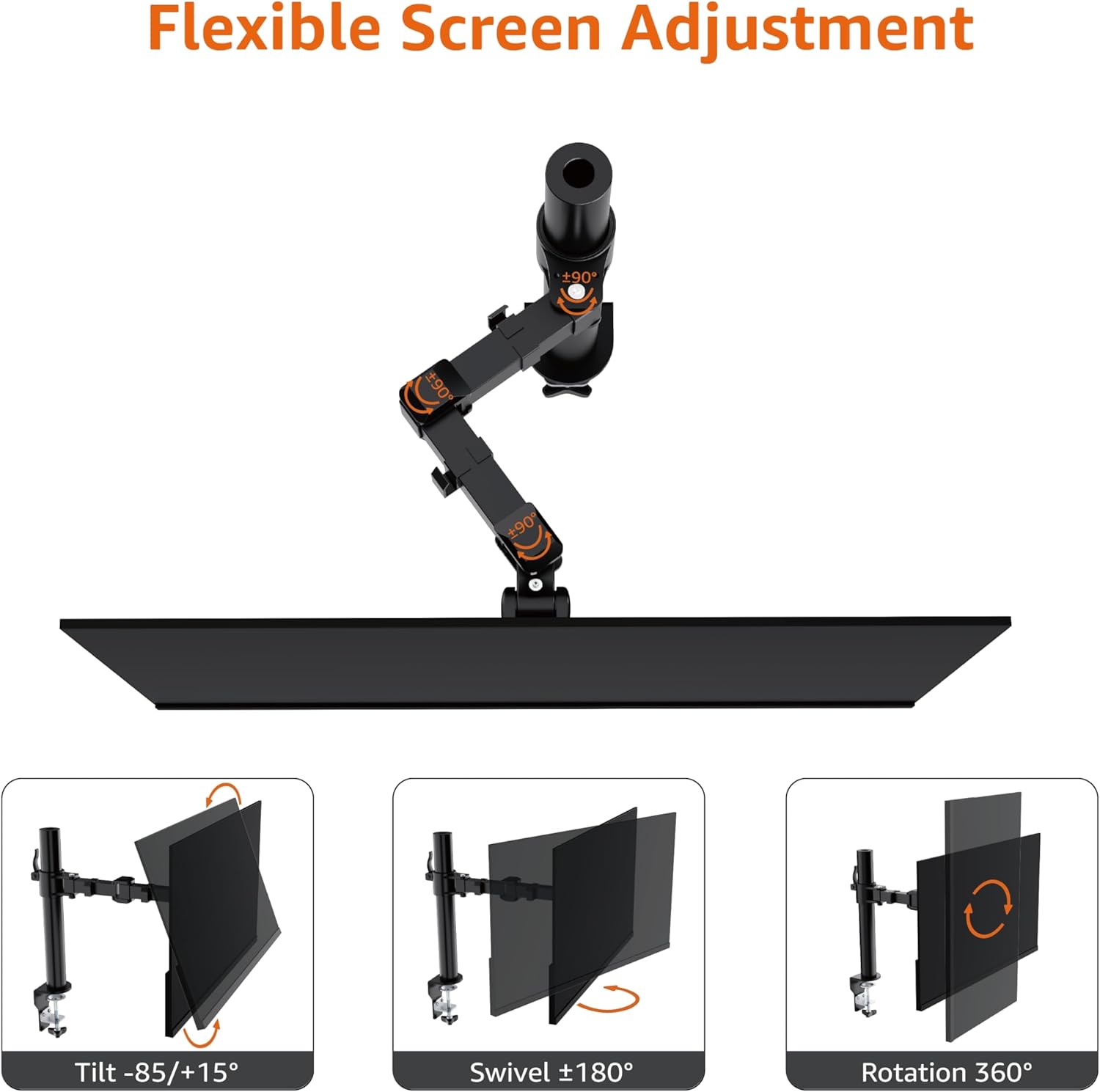 Single Computer Monitor Stand with Cable Management, Height Adjustable VESA Desk Arm Mount, Fully Adjustable Tilt and