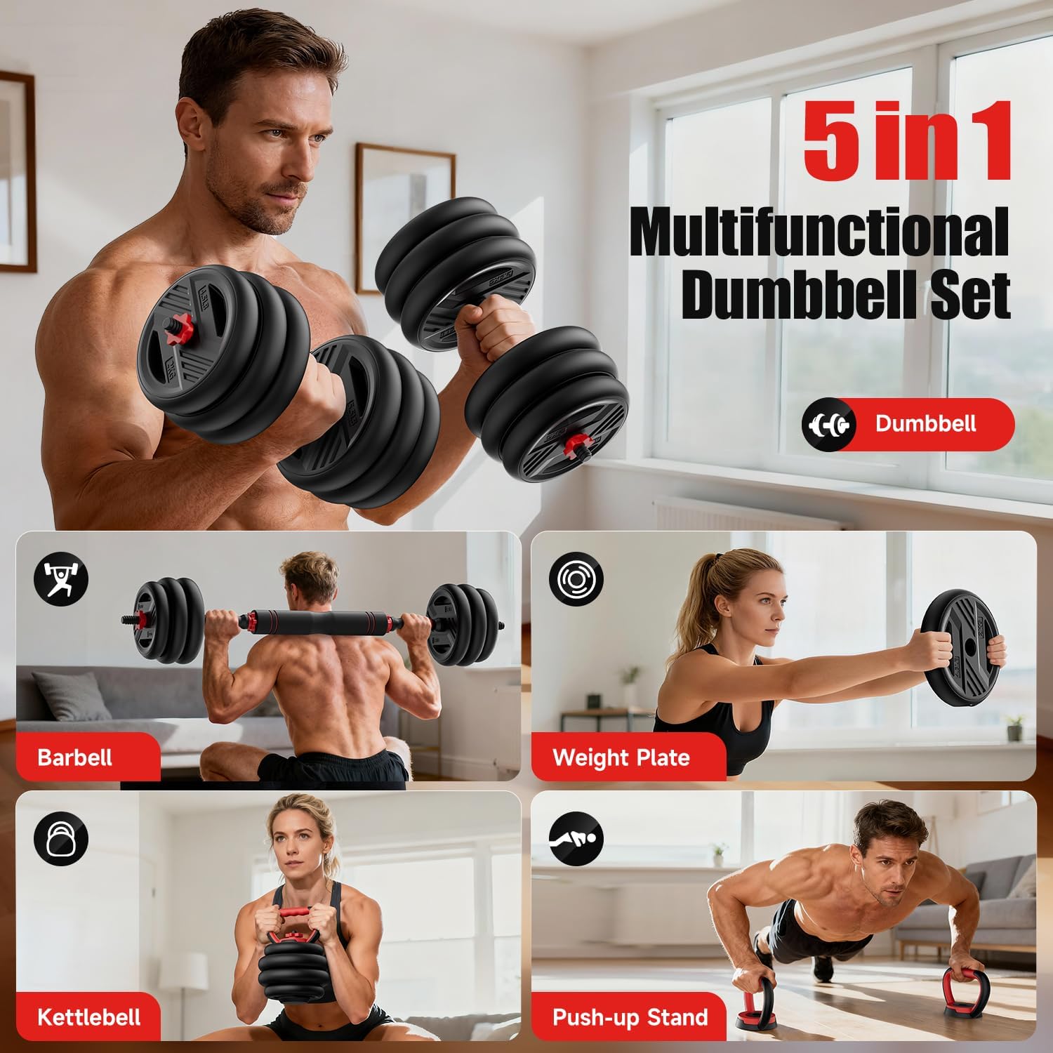 Adjustable Dumbbell Set, 20/30/45/70/90lbs Free Weight Set With Double Locknut, 5-in-1 Dumbbells Set Includes