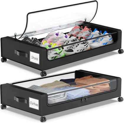 Under Bed Storage with Wheels, 2-Pack Underbed Storage Containers with Clear Lids, Under Bed Shoe Storage Organizer