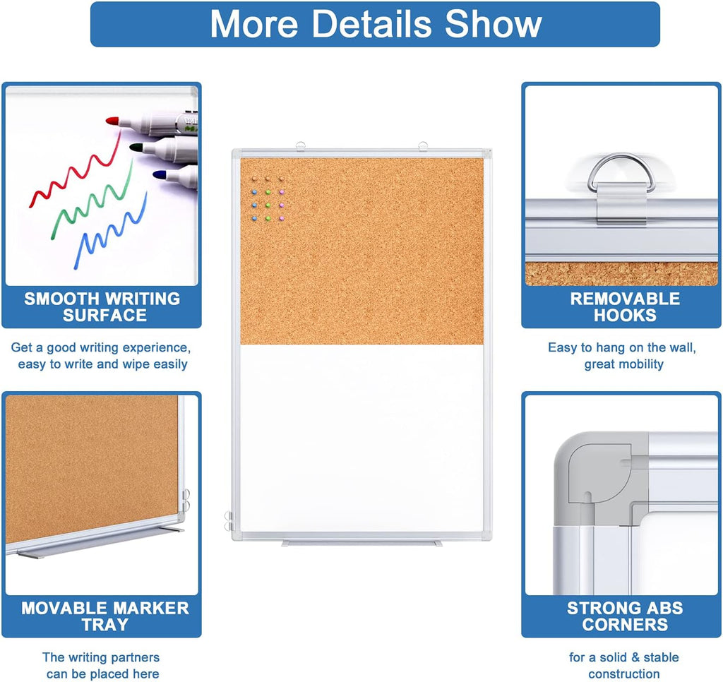 Magnetic White Board and Cork Board Combo, 36 X 24 inches Whiteboard Bulletin Combination Board, Wall Mounted Dry