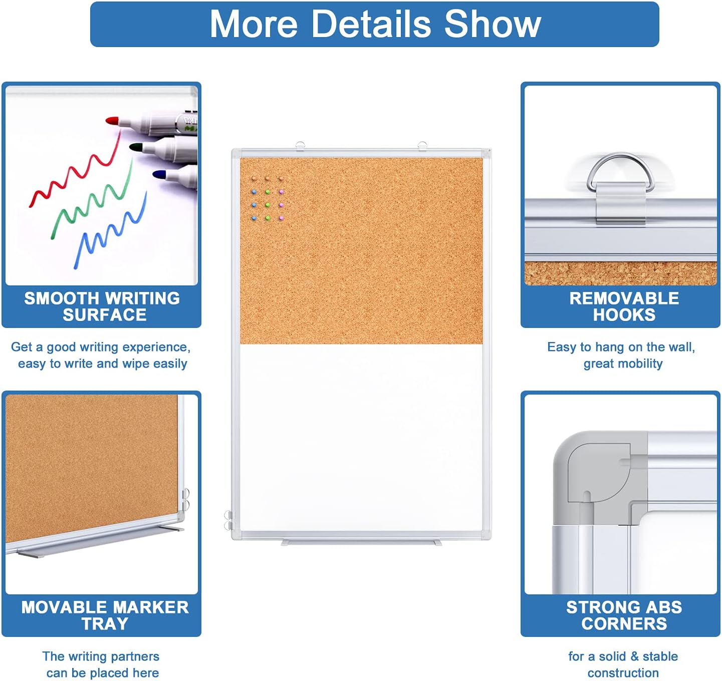 Magnetic White Board and Cork Board Combo, 36 X 24 inches Whiteboard Bulletin Combination Board, Wall Mounted Dry