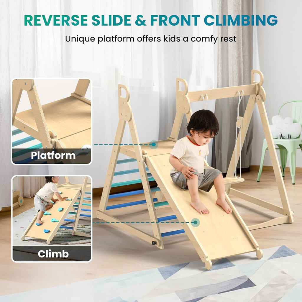4 in 1 Indoor Jungle Gym, Foldable Wooden Climbing Set with Swing, Slide, Ladder and Climbing Wall, Montessori