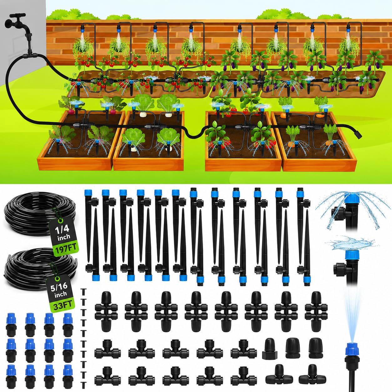 Drip Irrigation System 230FT – Quick Connect Garden Watering Kit with Adjustable Drip Emitters, 1/4” & 5/16” Tubing