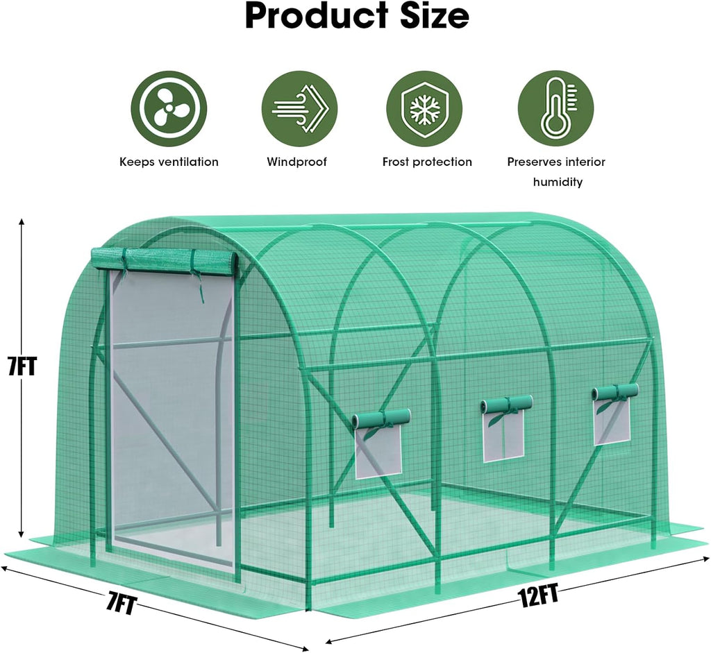 Walk-in Greenhouse Upgraded Green House with Zippered Screen Doors & 6 Screen Windows Heavy Duty Plastic Plant Warm