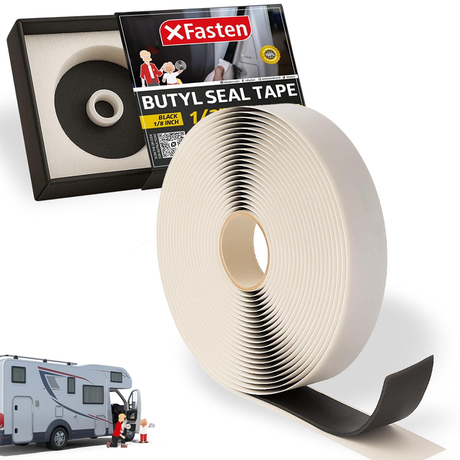 Butyl Tape RV Black, 3/4 in x 45 Ft, 1/8 in Thick EDPM Rubber Sealant Tape - Roof Patching, Boat Sealing, Leak Proof