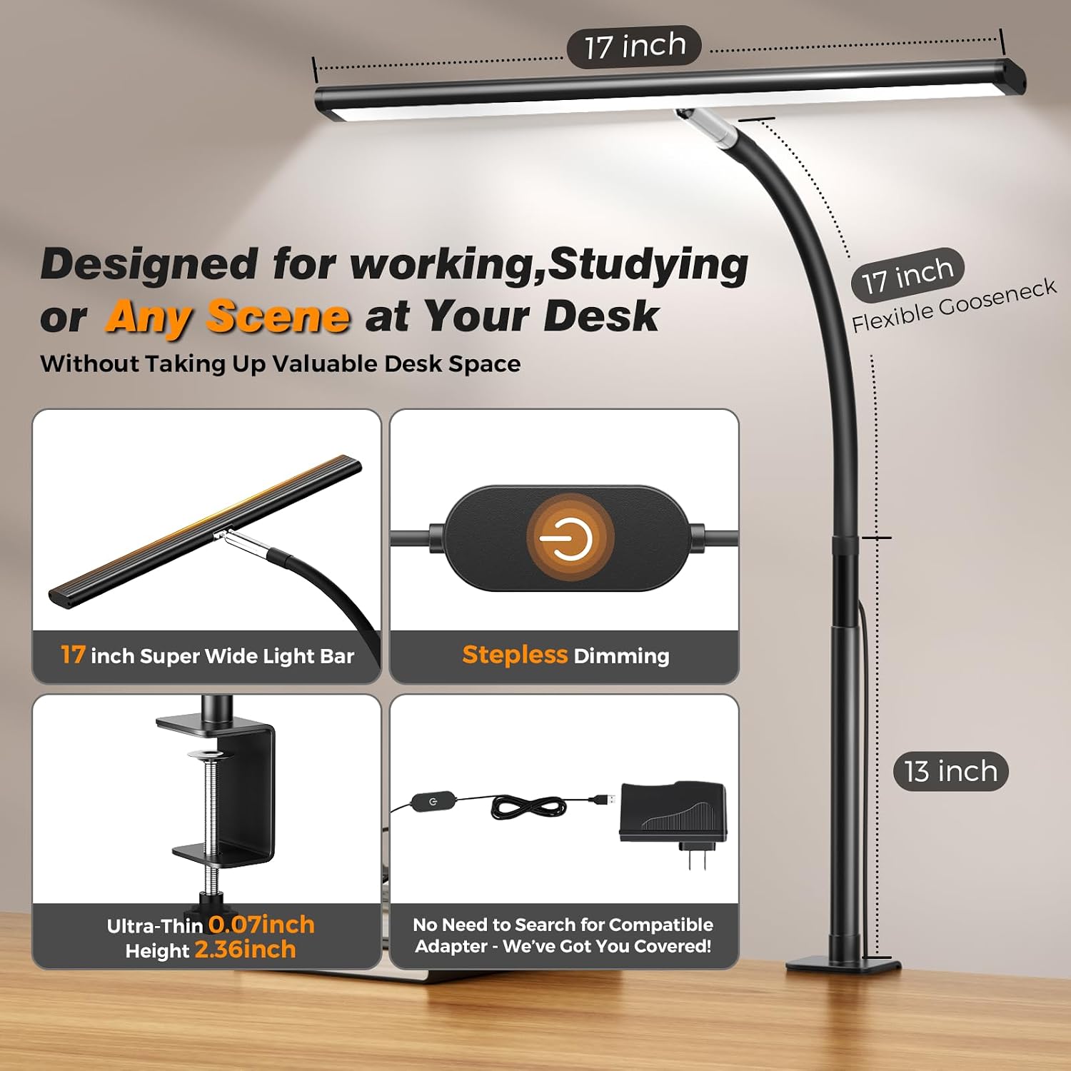 LED Desk Lamp with Clamp, 17" Stepless Dimming Light, Black | 2700K-6500K, 100 LEDs, 360° Gooseneck, Fits Up to 30"