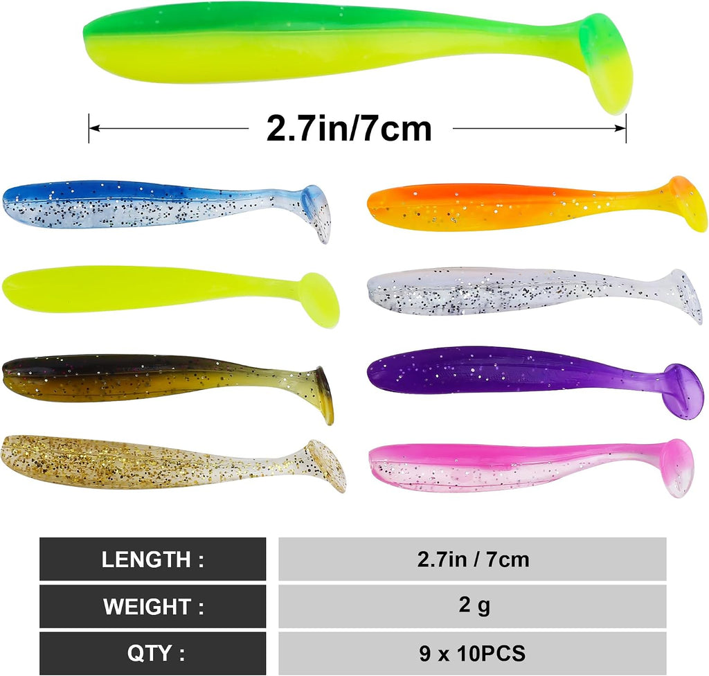 Soft Fishing Lures，90pcs Fishing Soft Plastic Lures and 5pcs Fishhook,Paddle Tail Swimbaits Soft Plastic Lures Kit