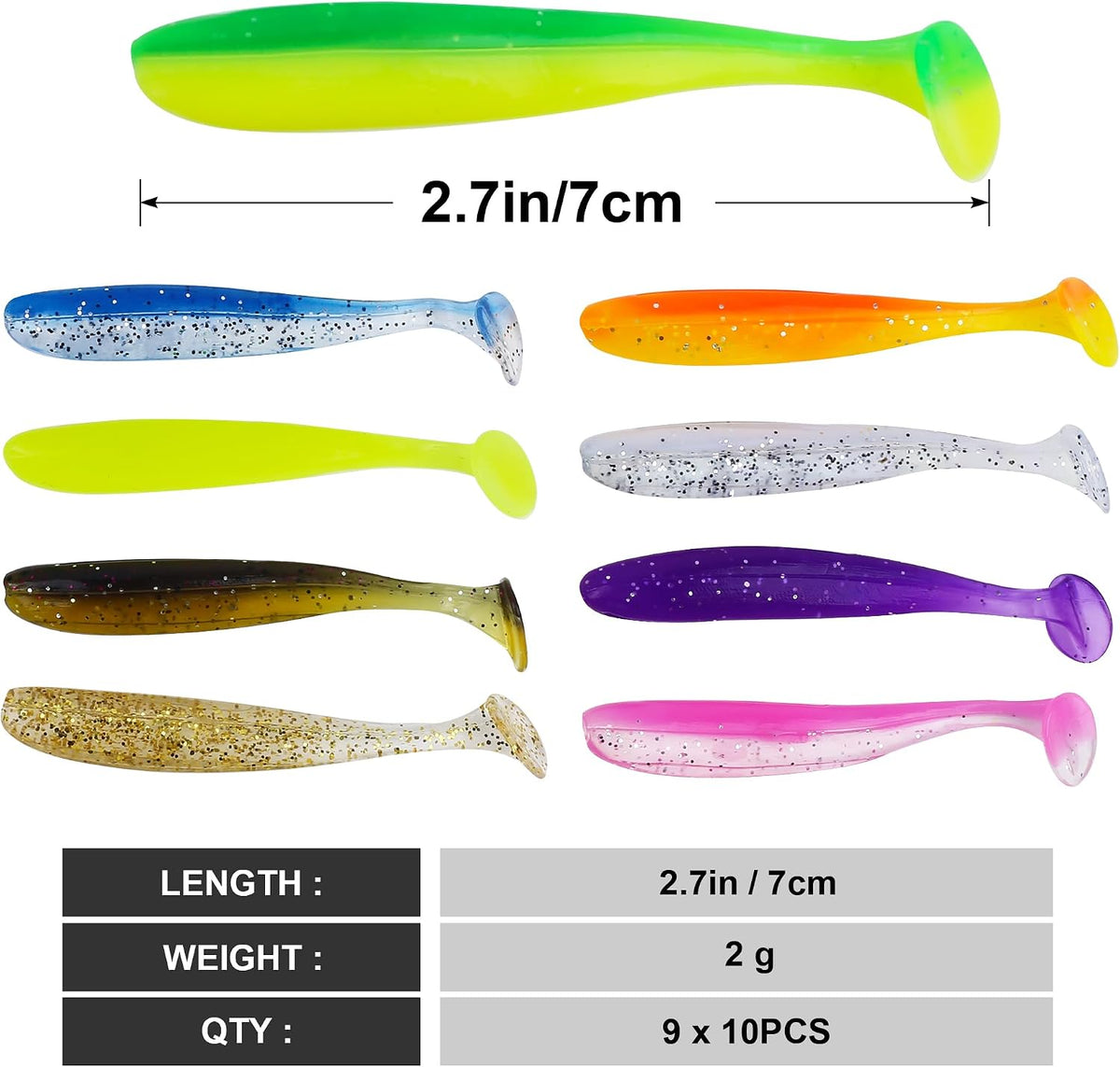 Soft Fishing Lures，90pcs Fishing Soft Plastic Lures and 5pcs Fishhook,Paddle Tail Swimbaits Soft Plastic Lures Kit