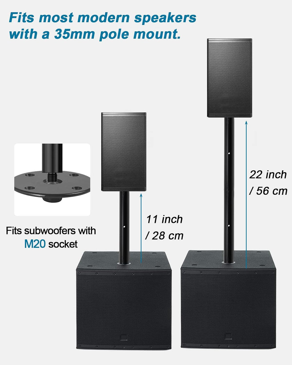 11 inch M20 Subwoofer Pole 35mm Speaker Pole Mount Extension Pole | 2-Pack, Extendable by Connecting Two Poles, M20