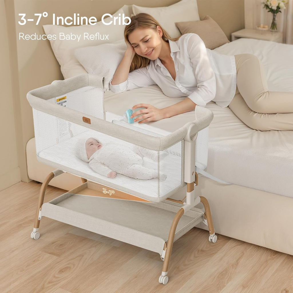 Baby Bassinet Bedside Crib, 3-in-1 Baby Bassinet Bedside Sleeper with Mattress and Soft, Breathable Sheet, Full-Mesh