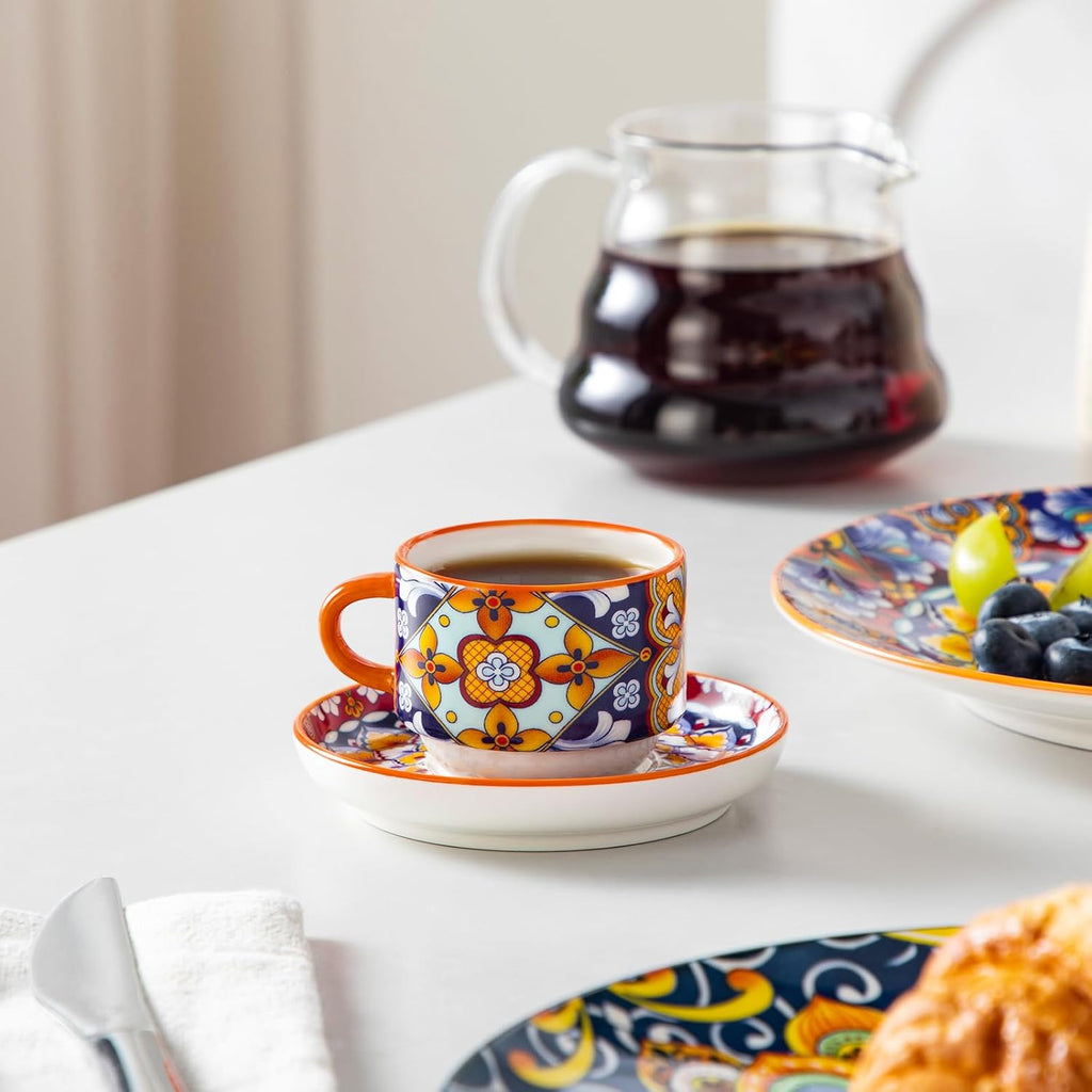 2.5 Oz Stackable Espresso Cup Set of 4, Ceramic with Saucers