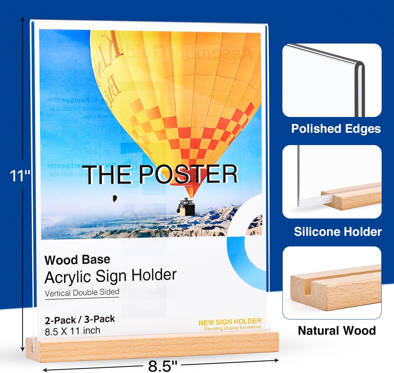 Acrylic Sign Holder 8.5×11 Inches with Wood Base, 3 Pack – Double-Sided Tabletop Clear Display Stand for Menu, Flyer