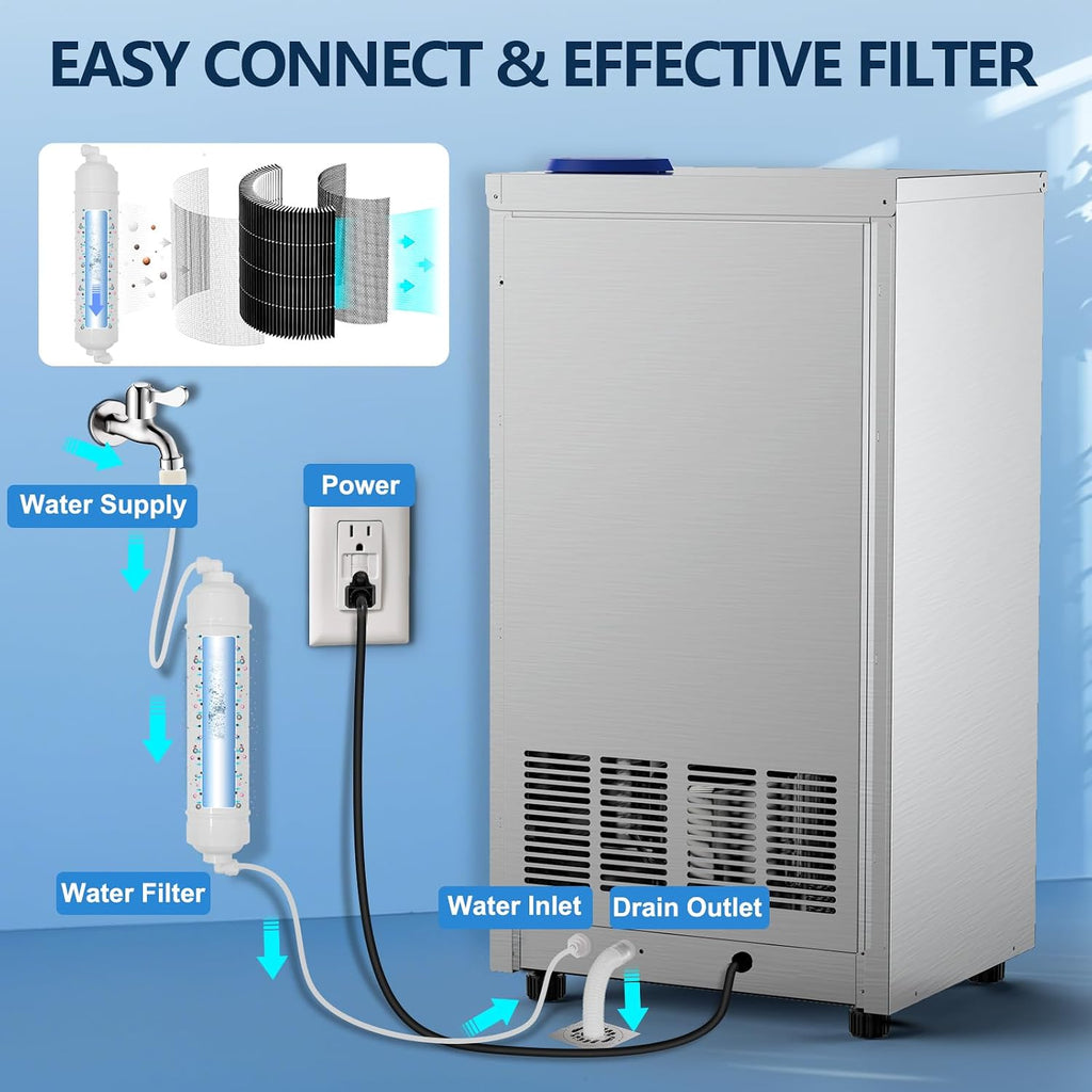 Commercial Ice Maker Machine 150LBS/24H,45Lbs Storage,2 Water Inlet Modes