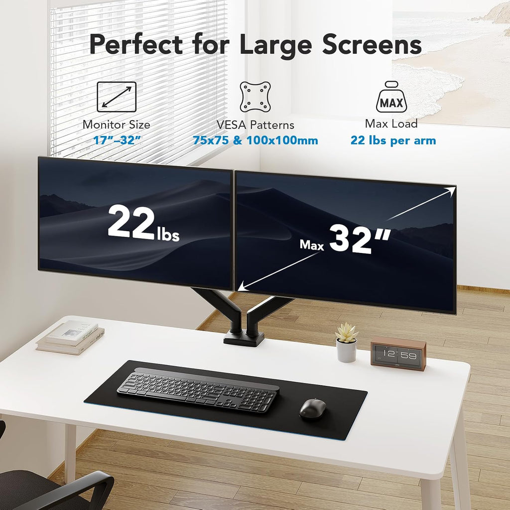 Dual Monitor Mount for 2 Monitors up to 32 inches, Each Arm Holds Max 22lbs, Dual Monitor Stand with Advanced System