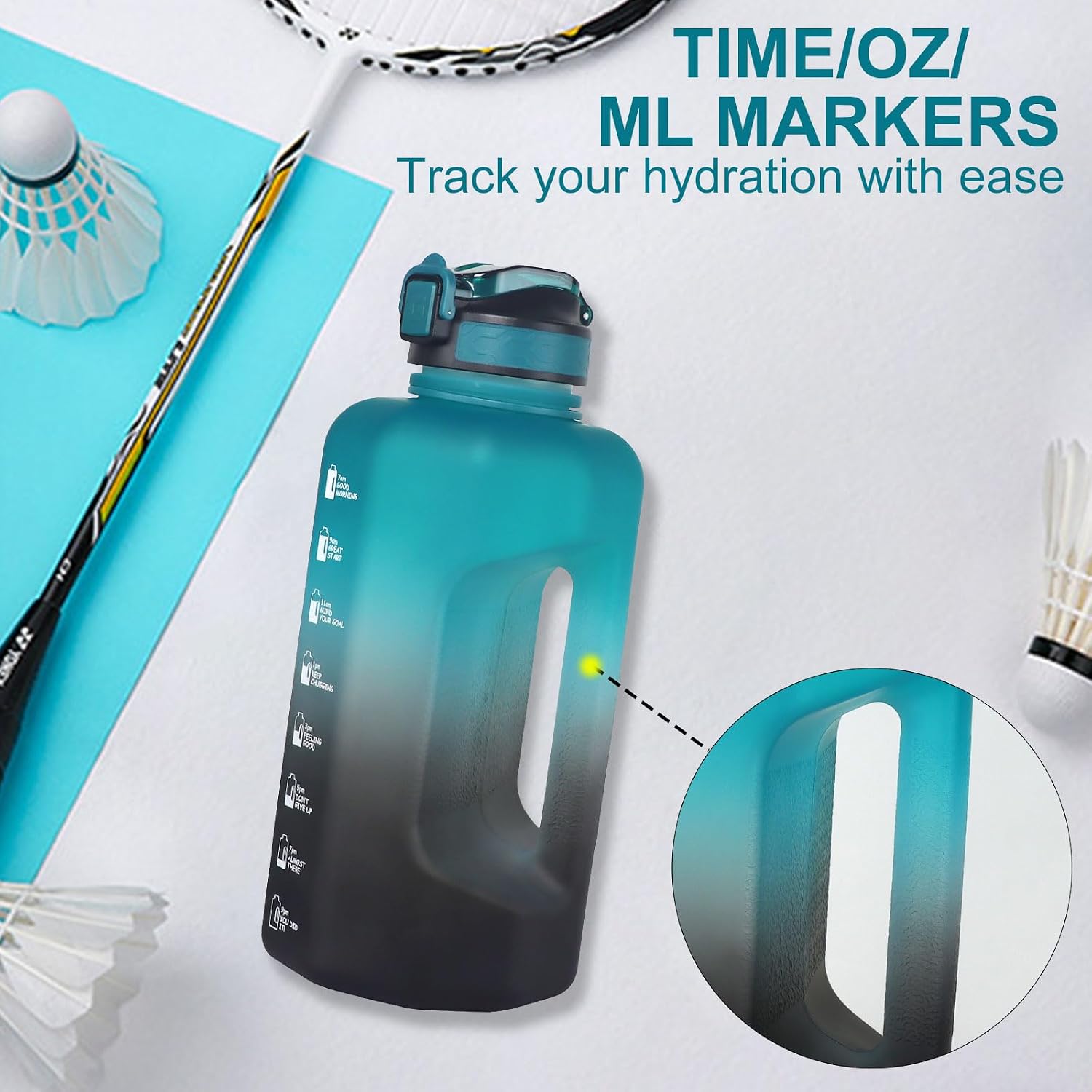 2.2L Big Water Bottle with Straw 74oz Motivational Jug (Green/Black) | Bpa Free, Leak-proof, Time Marker Tracks Daily