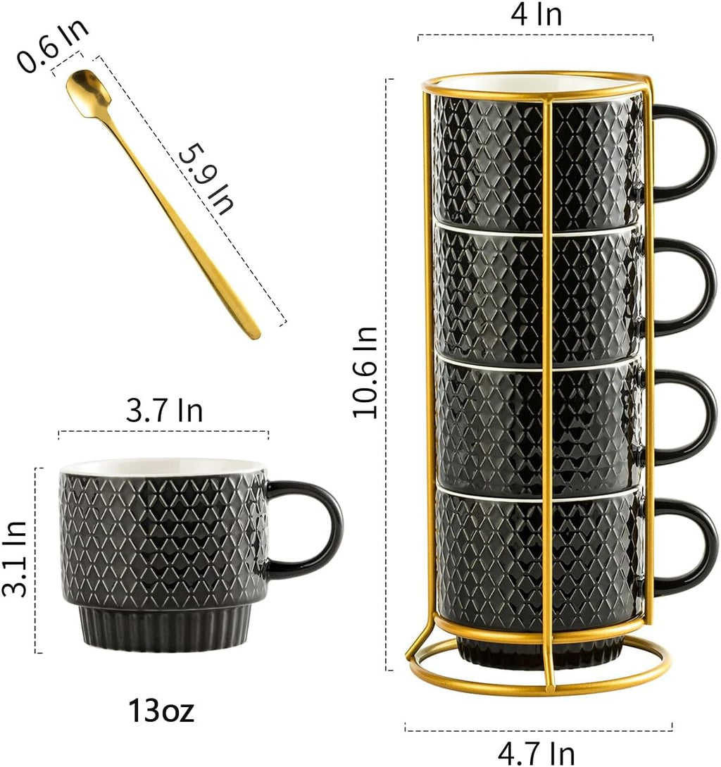 Coffee Mugs Set of 4, 13oz Stackable Coffee Cups with Stand, Black