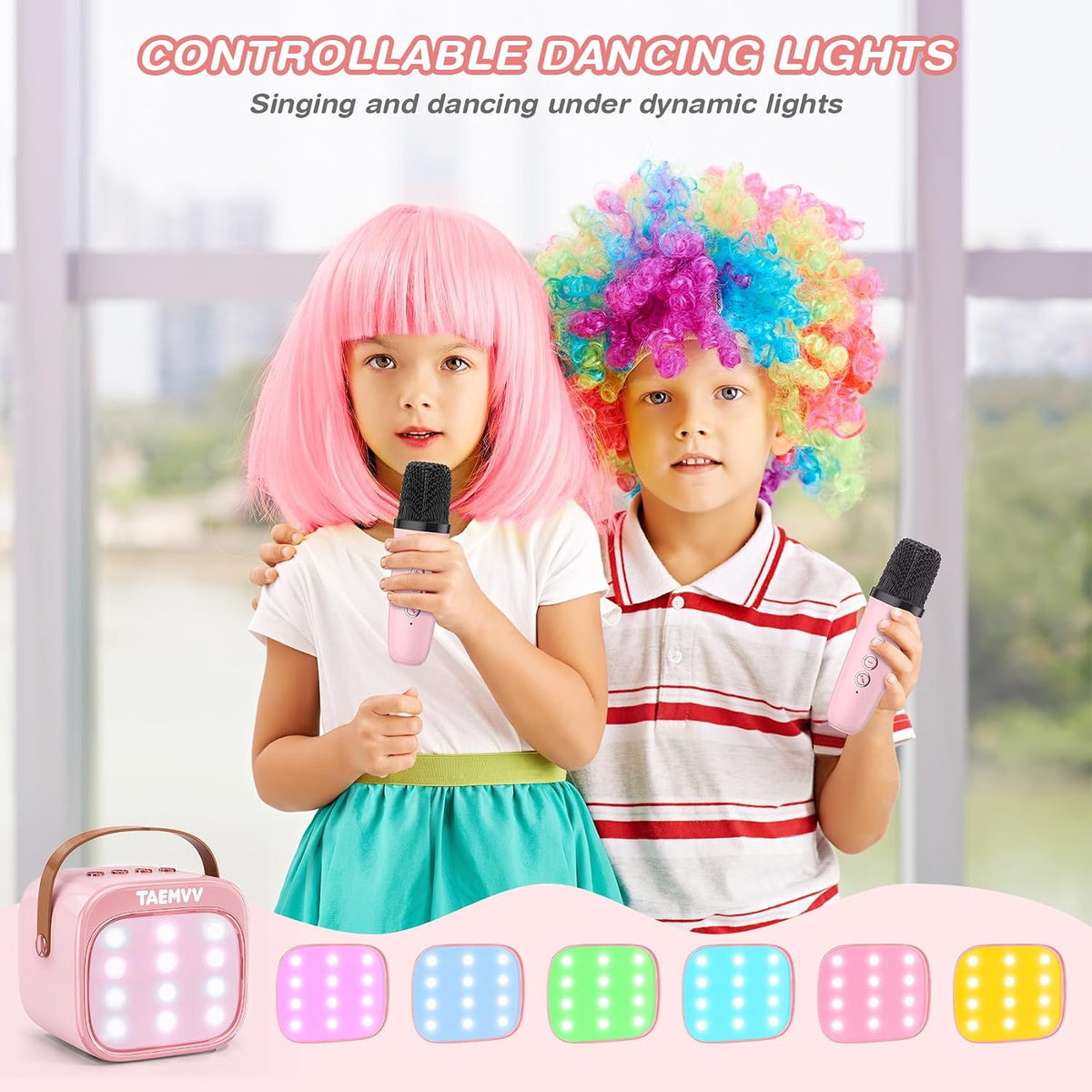 Mini Karaoke Machine for Kids with 2 Wireless Microphones, Pink | Karaoke Speaker, Bluetooth, Magic Voice Changer