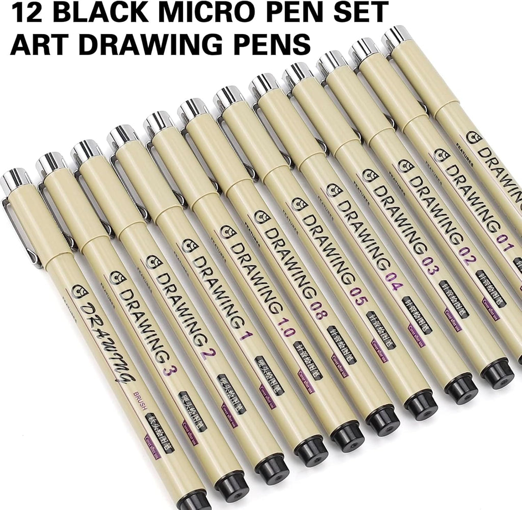 Muchcute Micro Fineliner Drawing Art Pens: 12 Black Fine Line Waterproof Ink Set Artist Supplies Archival Inking
