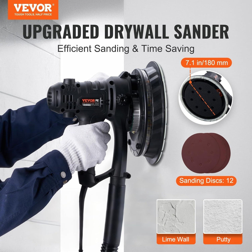 Drywall Sander, 800W Electric Sander with 12 Sanding Discs, Variable Speed 1200-2300 RPM Wall Sander with Automatic