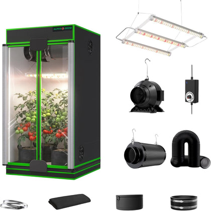 2x2 Complete Grow Tent Kit, 24x24x48 Indoor Grow Tent with 33W ABA LED Grow Light Bars, Inline Duct Fan, Carbon