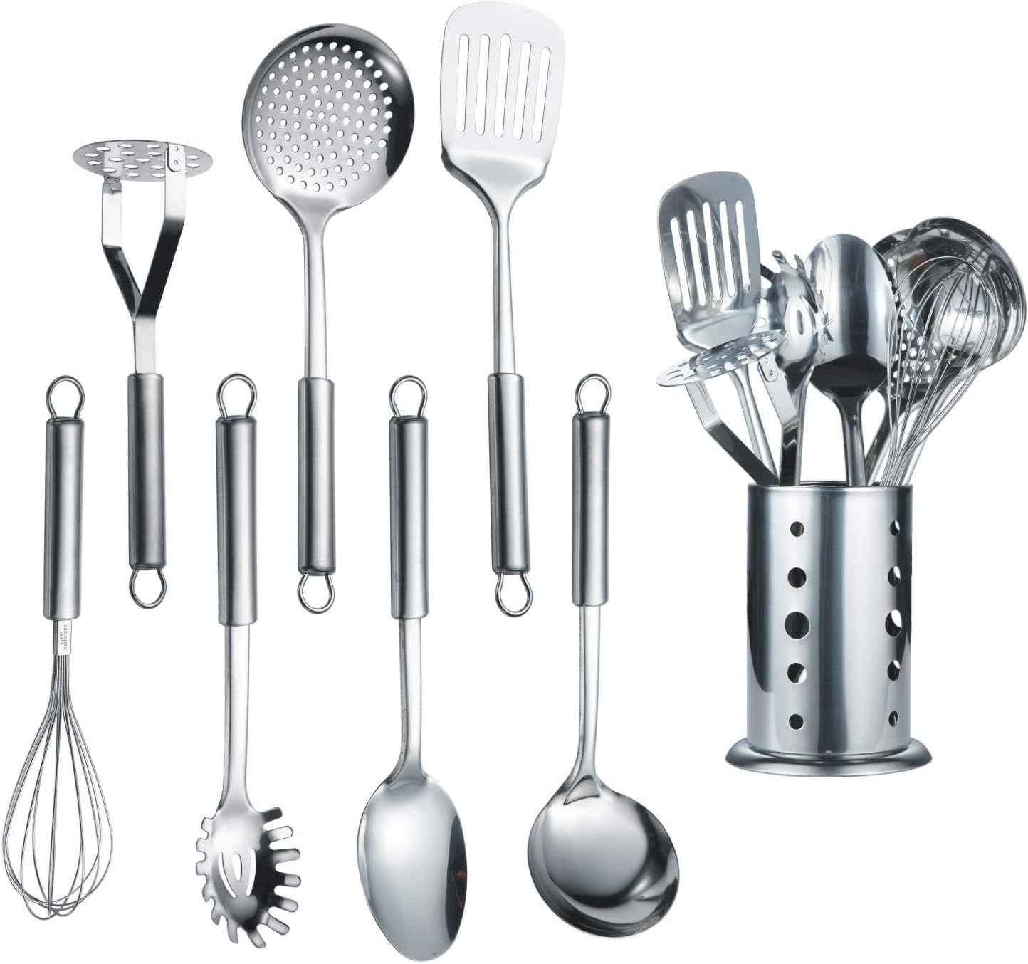 Cooking Utensil Set 8 Piece, Stainless Steel Kitchen Tool Set with Stand,Cooking Utensils, Slotted Tuner, Ladle