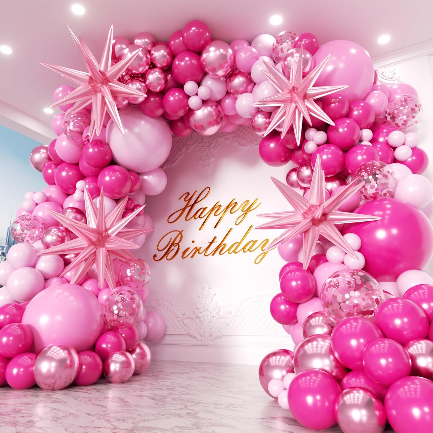 Pink Balloons Garland Arch Kit 163pcs with Star, Hot Pink Metallic Pink Shades of Pink Valentine's Day Balloons for