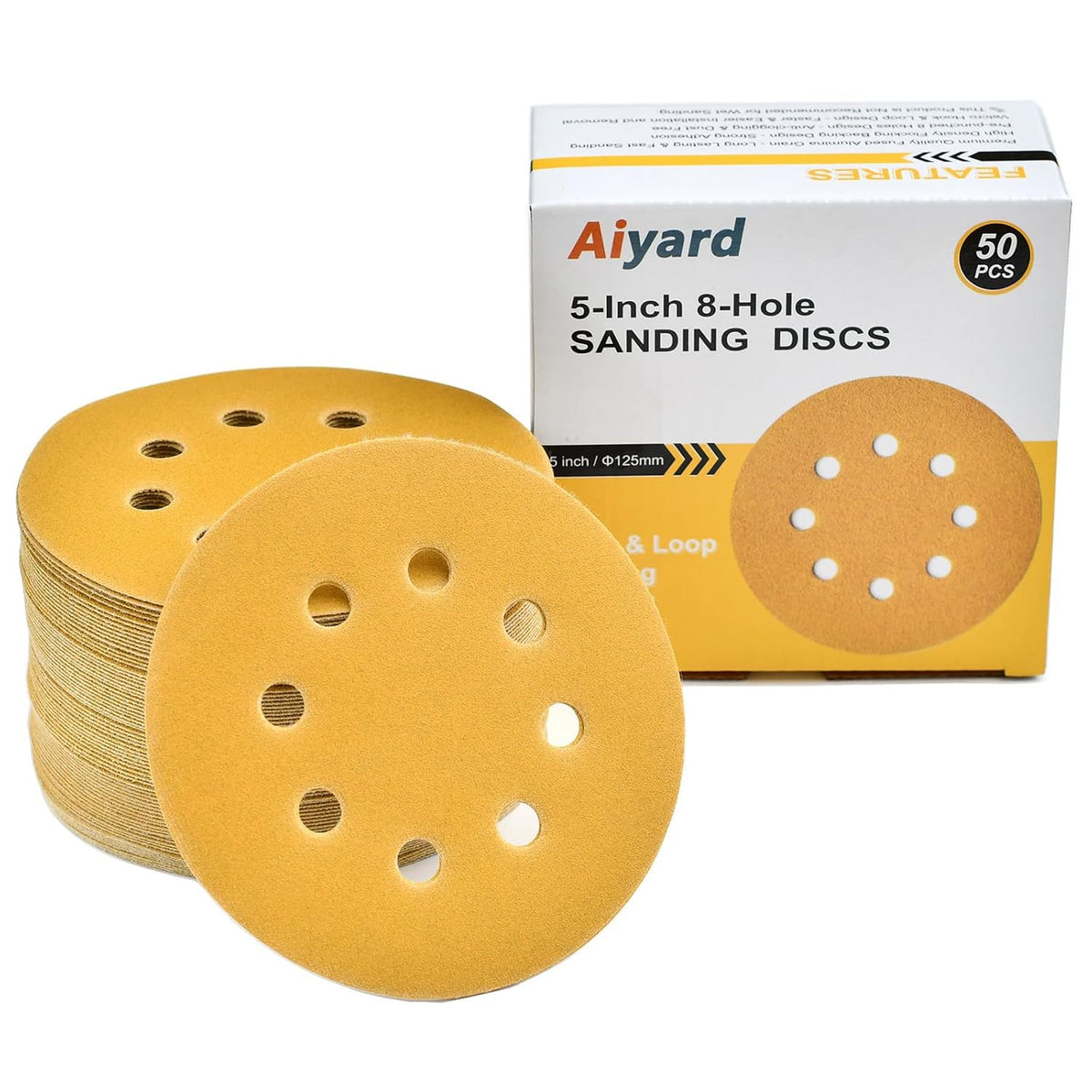 5-Inch 8-Hole Hook and Loop Sanding Discs 220-Grit, 50-Pack
