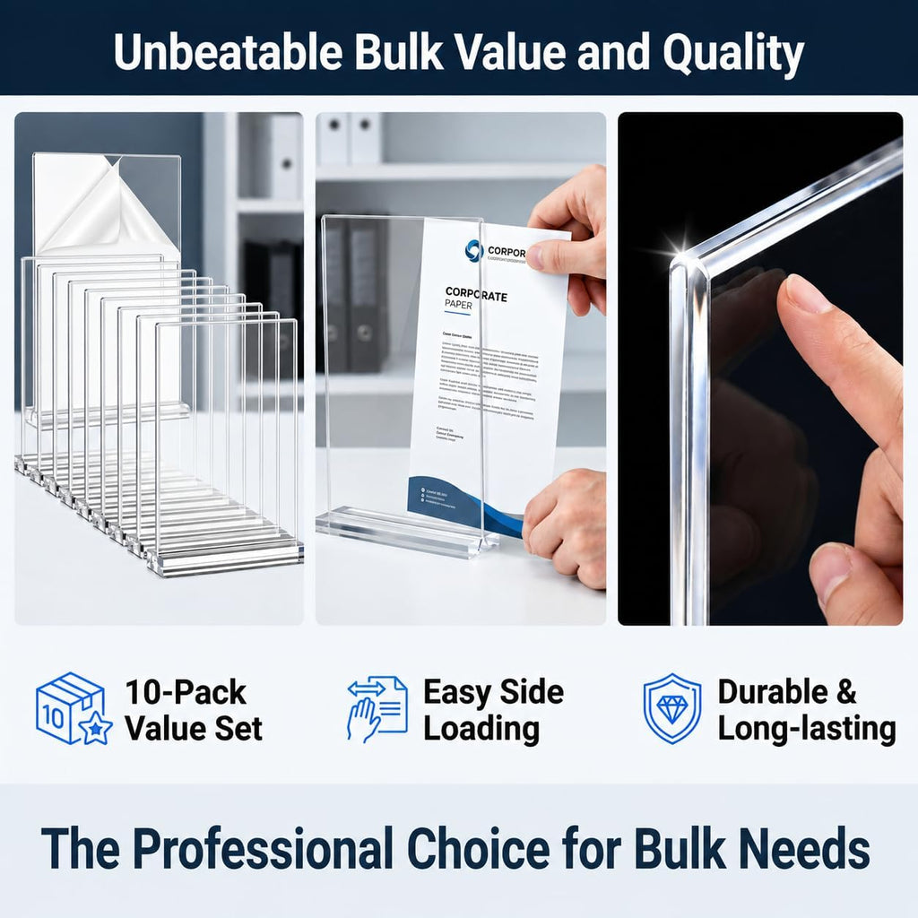10 Pack Acrylic Sign Holder 8.5 x 11, Double Sided Clear Tabletop Display Stand with T-Shaped Base, Plastic Table