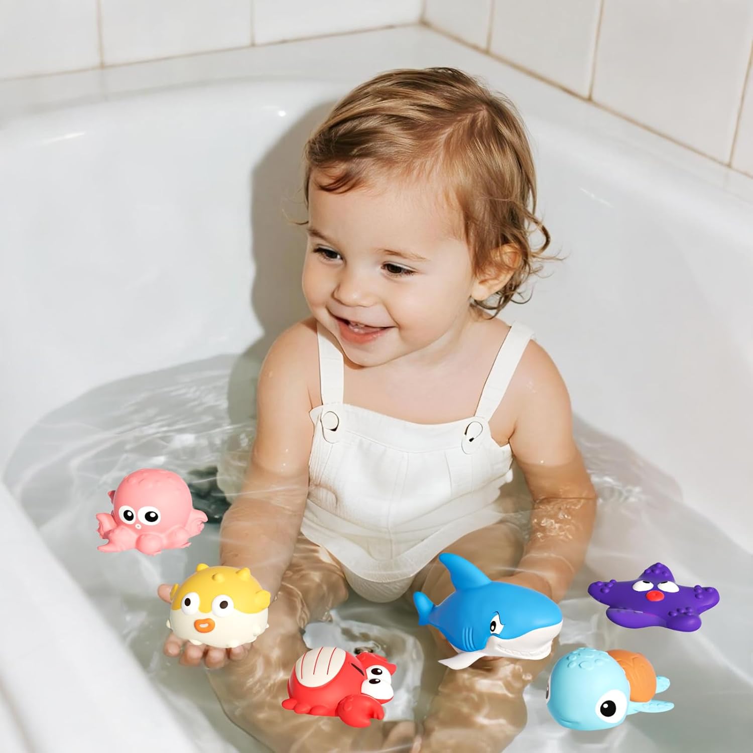 Bath Toys for Toddlers 6-12-18 Month, Bathtub Toys with 6 Baby Bath Animals, No-Hole Design Keeps Dry, Floating Toys