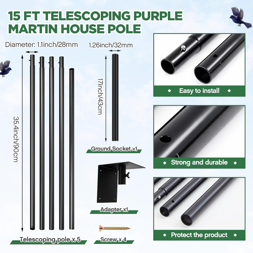 12 Room Purple Martin House with Pole，15 Ft Martin House Pole Kit