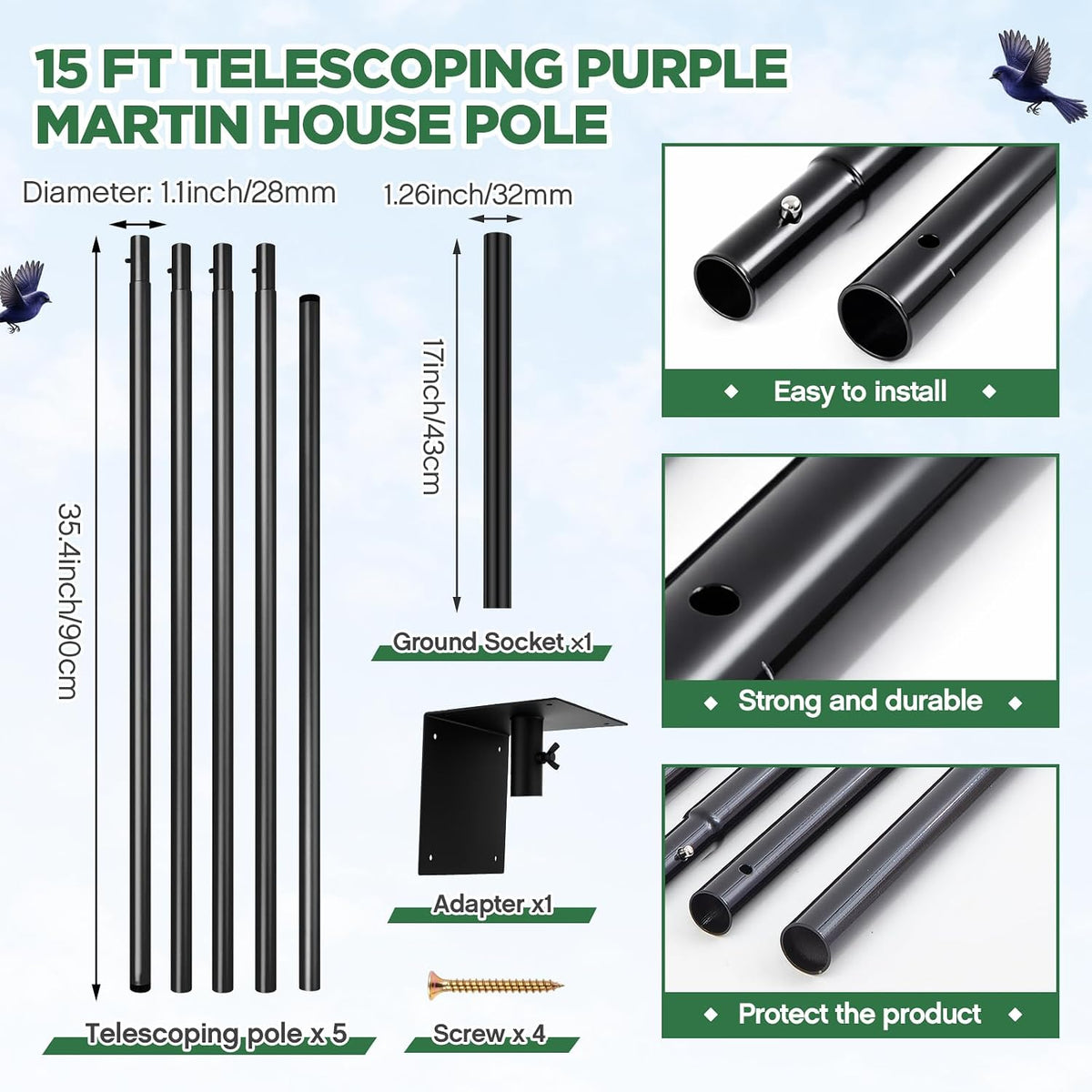 12 Room Purple Martin House with Pole，15 Ft Martin House Pole Kit