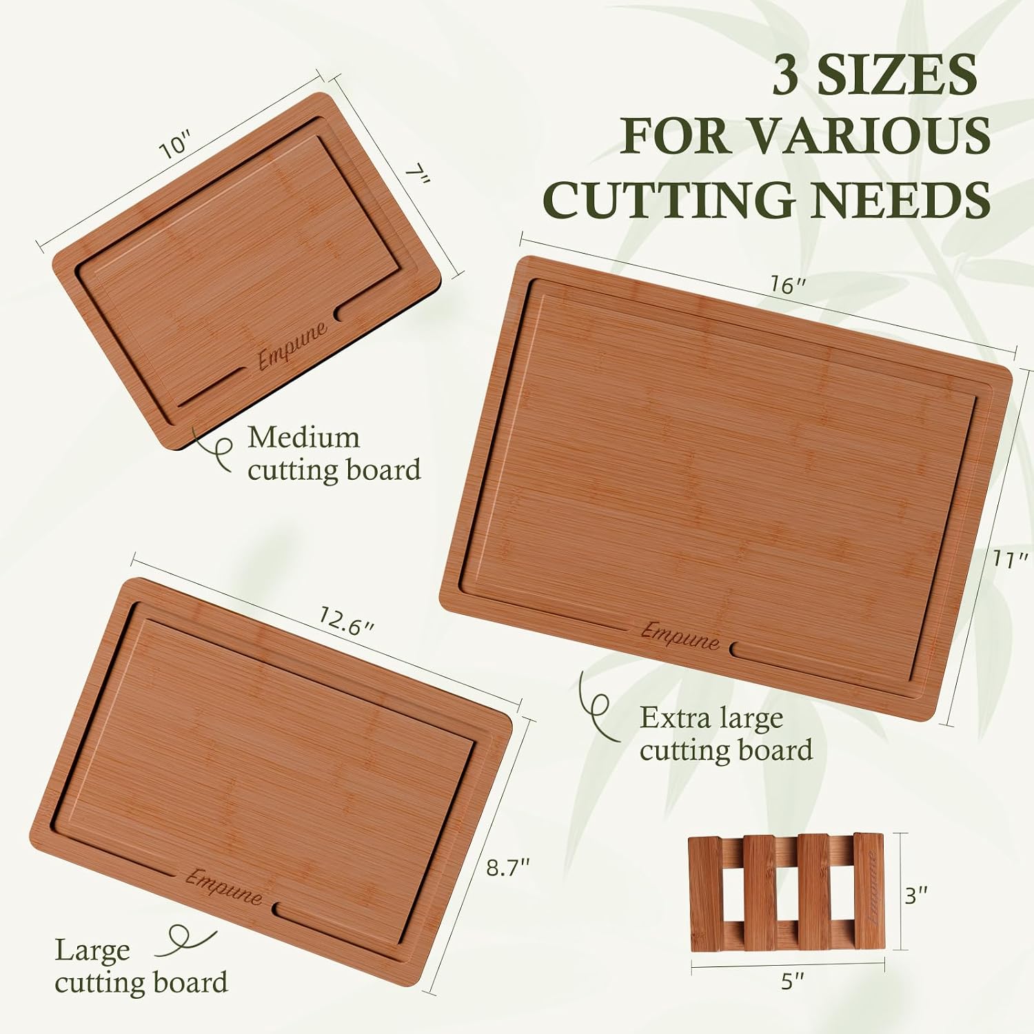 Bamboo Cutting Boards for Kitchen, 3 Piece Extra Thick Cutting Board Set with Juice Groove, Deep Carbonized Bamboo