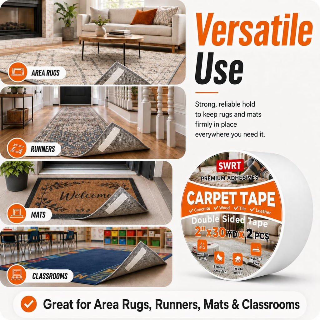 Double Sided Carpet Tape, 2 in x 30 Yards, 2 Pack for Hardwood Floors