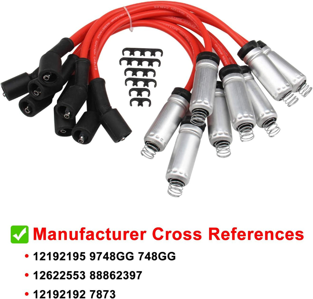 High Performance 8Pcs D585 UF262 Ignition Coils Pack Round Type + 8Pcs 8mm Spark Plug Wire Set Part Number 748UU